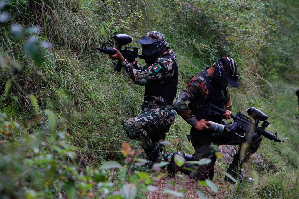 Nepal-India joint military exercise in Saljhandi; Fifth Gorkha Rifles and Bhawani Box performing drills in Surya Kiran XVI