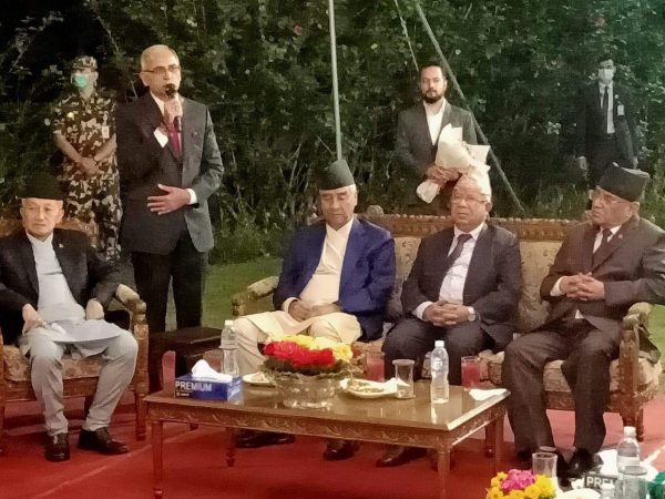 PM Deuba, Prachanda, and Madhav Nepal visit Indian Embassy to bid farewell to Ambassador Kwatra