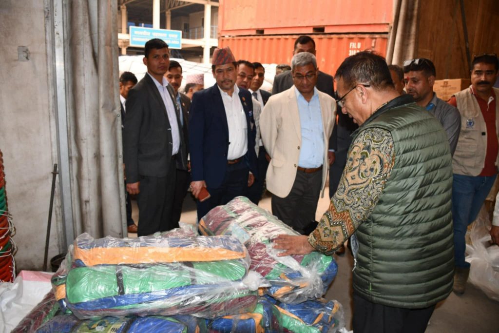 Home Minister Lekhak Inspects Aid Warehouse, Confirms Relief Shipment to Myanmar