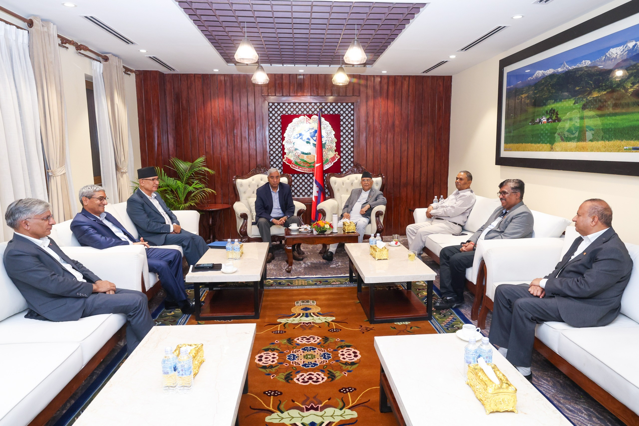 Top Leaders of Three Major Parties Hold High-Level Talks with PM Oli at Baluwatar